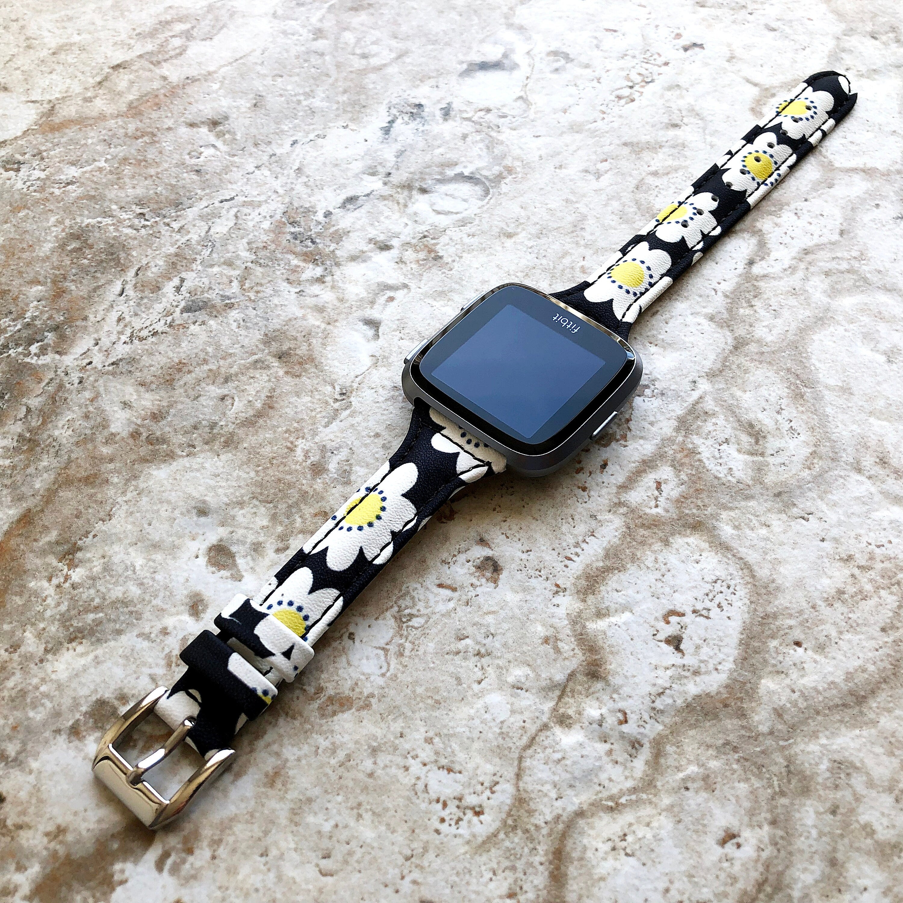 Fitbit Versa Lite 2 3 4 Sense 2 Band Daisy Slim Elegant Leather Strap with Stitching Details Quick Release Pins Adapters Silver Rose Gold